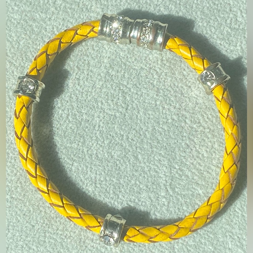Yellow Braided Leather Bracelet with Crystal Accents